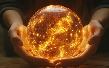 Poster - Closeup of a holographic globe with vibrant data points and a digital network, hands surrounding the globe, symbolizing global collaboration and tech progress