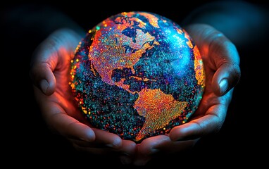Poster - Closeup of a holographic globe with vibrant data points and a digital network, hands surrounding the globe, symbolizing global collaboration and tech progress