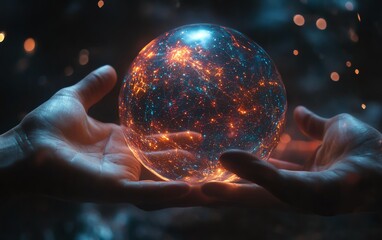 Poster - Closeup of a holographic globe with vibrant data points and a digital network, hands surrounding the globe, symbolizing global collaboration and tech progress