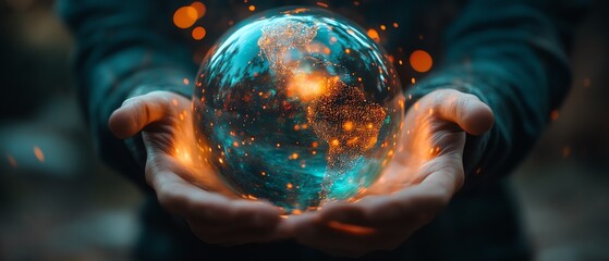 Poster - Closeup of a holographic globe with colorful data points, hands placed around it, symbolizing global networks, connectivity, and digital innovation