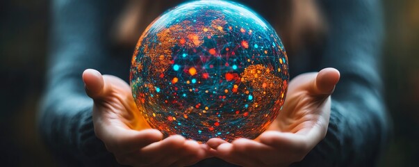 Poster - Closeup of a vibrant holographic globe with colorful data points, surrounded by hands, symbolizing global connectivity and technological innovation
