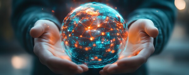Poster - Closeup of a vibrant holographic globe with colorful data points, surrounded by hands, symbolizing global connectivity and technological innovation