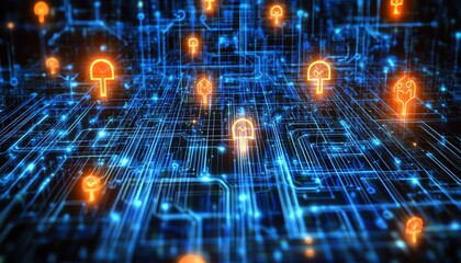 Poster - Closeup of orange and white human icons connected by glowing circuit lines in a digital network, set against a dark blue background, symbolizing connectivity and tech networks