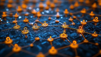 Poster - Closeup of orange and white human icons connected by glowing circuit lines in a digital network, set against a dark blue background, symbolizing connectivity and tech networks