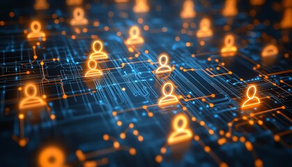 Poster - Closeup of orange and white human icons connected by glowing circuit lines in a digital network, set against a dark blue background, symbolizing connectivity and tech networks