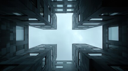 Sticker - Low-angle view of four buildings forming a cross, looking up at the sky.