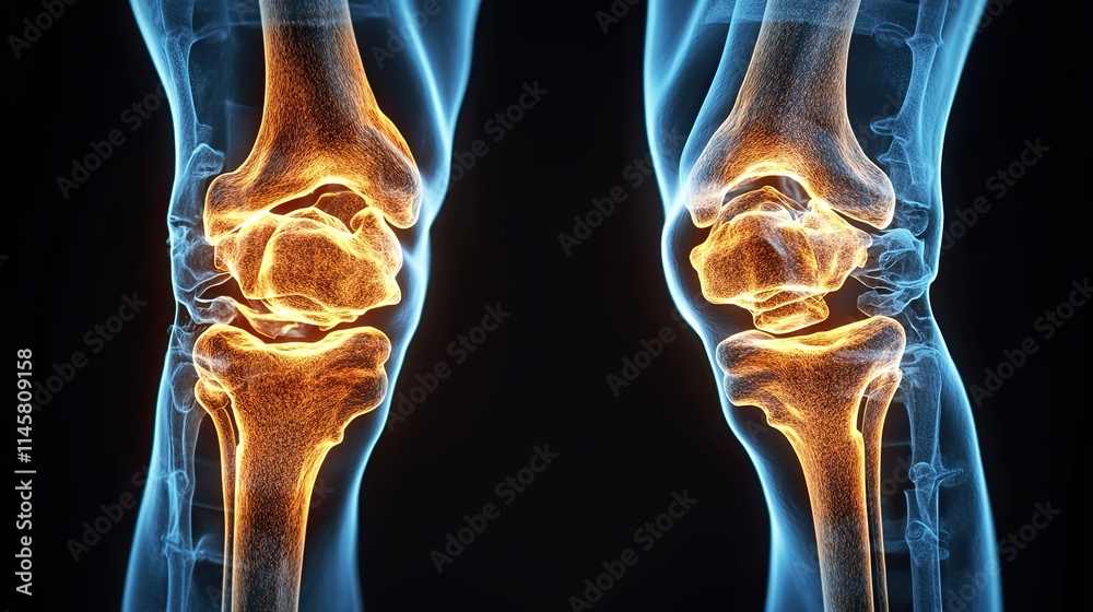 X-ray of human legs with glowing bones on a black background represents ...
