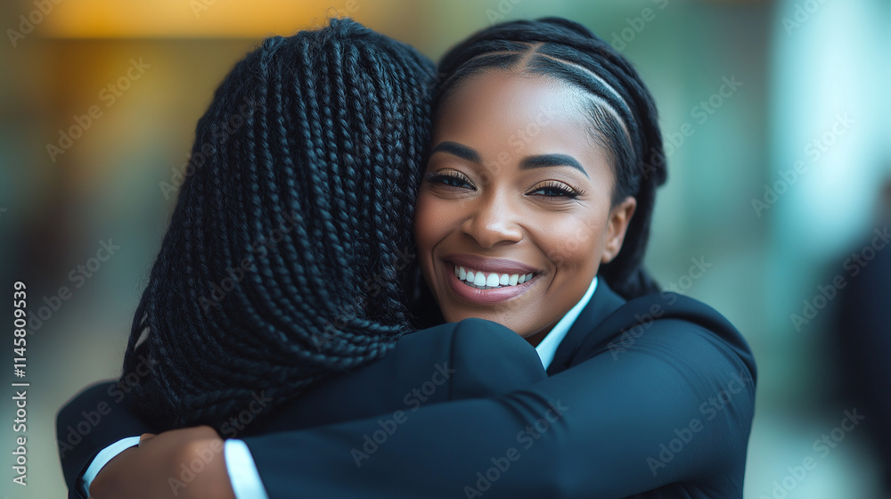 A photograph of two Black women in business attire embracing each other ...