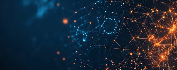 Poster - Digital network concept with orange and white human icons connected by glowing circuit lines on a dark blue background, symbolizing global connectivity