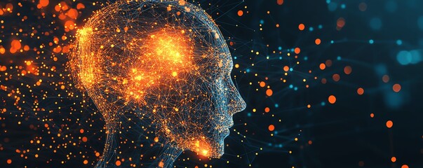 Poster - Digital network concept with orange and white human icons connected by glowing circuit lines on a dark blue background, symbolizing global connectivity