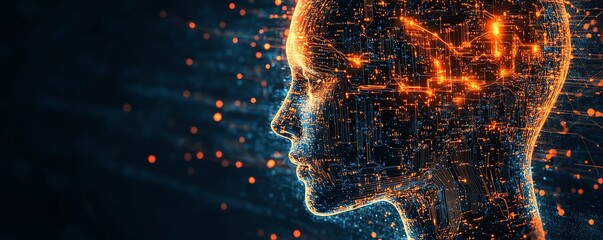 Poster - Digital network concept with orange and white human icons connected by glowing circuit lines on a dark blue background, symbolizing global connectivity