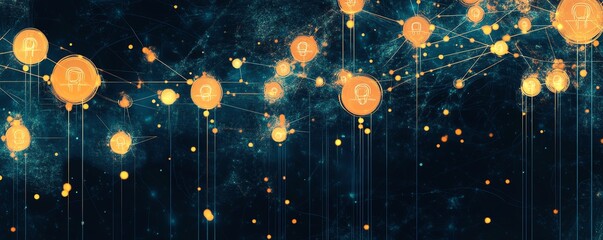 Poster - Digital network of orange and white human icons connected by glowing circuit lines on a dark blue background, symbolizing modern connectivity, technology, and innovation