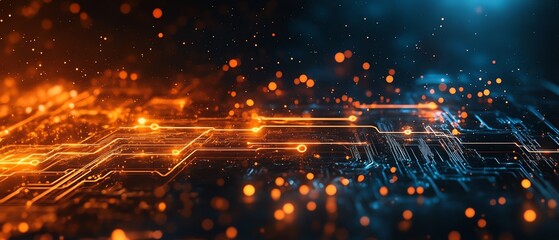 Fototapete - Digital network with glowing circuit lines connecting orange and white human icons on a dark blue background, representing modern communication and connectivity