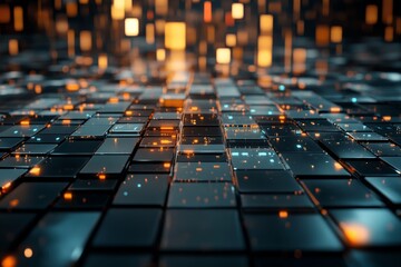 Poster - Abstract digital landscape with glowing tiles and vibrant light reflections in a dark environment