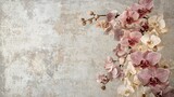 Elegant Vintage Floral Design with Hydrangeas and Orchids in Soft Pastel Colors on Faded Linen Texture