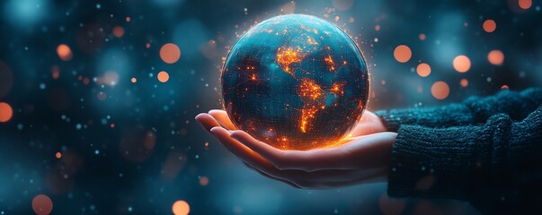 Poster - Vibrant holographic globe with radiant data points, surrounded by hands, representing global communication, connectivity, and technological breakthroughs