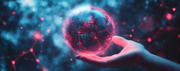Poster - Vibrant holographic globe with radiant data points, surrounded by hands, representing global communication, connectivity, and technological breakthroughs