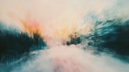 Poster - Abstract blurred watercolor background with soft pastel colors and textured design representing ethereal landscape or dreamy atmosphere.