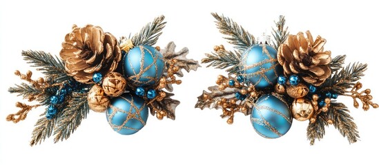 Wall Mural - Christmas Tree Decorations featuring Blue Ornaments Pinecones and Foliage Isolated on White Background