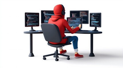 coder working at desk with multiple monitors programming software development