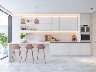 Modern Minimalist Kitchen Island Design With Wooden Stools