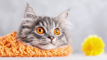 Wall Mural - Cute gray cat with orange eyes wearing a knitted scarf.