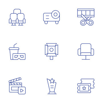 Cinema icons set. Thin Line style, editable stroke. chair, cinema, clapperboard, photographic film, projector, seat, spotlight, tickets, trophy