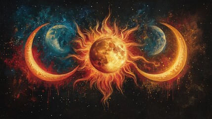Poster - vibrant abstract illustration of sun and moon with celestial elements on a dark background showcasin