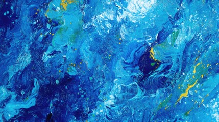 Poster - Vibrant blue abstract grunge texture with swirling patterns and splashes of color ideal for backgrounds and artistic designs.