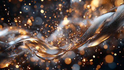 Poster - Swirling metallic ribbons with glowing particles in a dynamic abstract display. 