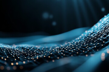 Poster - Sleek blue waves illuminated by twinkling lights in a digital landscape at dusk