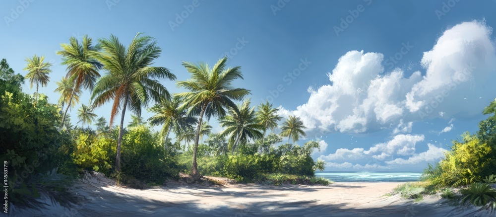 Tranquil tropical beach scene with lush palm trees and vibrant blue sky ...