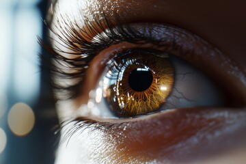 Poster - Stunning close-up of a human eye showcasing captivating details and vibrant colors in a well-lit setting