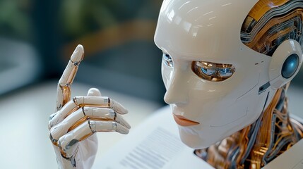 Poster - A close-up of a humanoid robot with intricate circuitry and an expressive face, pointing thoughtfully as if engaged in conversation.