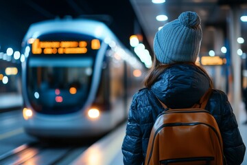 Waiting for the train at night in a busy station with colorful lights and a traveler in warm attire