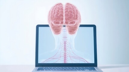 Poster - A laptop displays a translucent brain and spinal cord, symbolizing the intersection of technology and neuroscience.