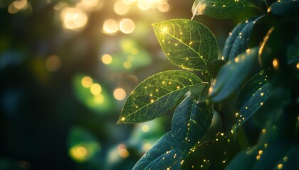 Leinwandbilder - Sustainable technology concept with digital renewable energy icons on green leaves, illuminated by sunlight, symbolizing ecofriendly innovation