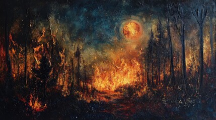Poster - dramatic night scene of a forest fire illuminated by a fiery moon showcasing intense colors and vivi