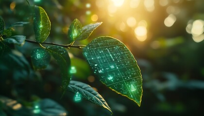 Leinwandbilder - Sustainable technology concept with digital renewable energy icons on green leaves, illuminated by sunlight, symbolizing ecofriendly innovation