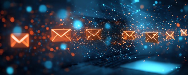 Poster - Vibrant digital email communication concept with a laptop and envelopes, symbolizing the flow of online messages, notifications, and global connectivity
