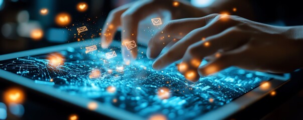 Aufkleber - Closeup of hands interacting with a tablet, with email and message icons hovering above, symbolizing the future of digital communication and technology