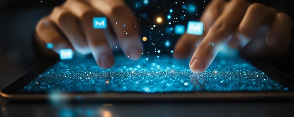 Aufkleber - Closeup of hands interacting with a tablet, with email and message icons hovering above, symbolizing the future of digital communication and technology