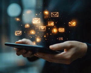 Fototapete - Closeup of hands on a tablet with email and message icons floating, symbolizing seamless communication and the impact of technology in daily life