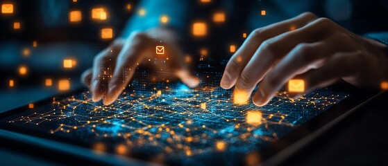 Fototapete - Closeup of hands using a tablet with email and message icons floating, symbolizing modern communication and technology