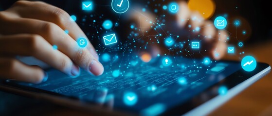Fototapete - Closeup of hands using a tablet with email and message icons floating, symbolizing modern communication and technology