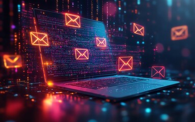 Fototapete - Colorful digital communication concept with a laptop and envelopes, symbolizing the power of online messaging, notifications, and digital connectivity