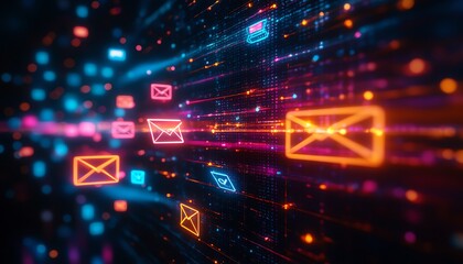 Aufkleber - Colorful email, message, and technology icons on a dark background, representing digital communication and social media connectivity