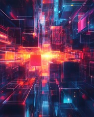 Aufkleber - Colorful glowing geometric shapes in abstract digital art, showcasing a futuristic technology theme perfect for innovation and tech visuals