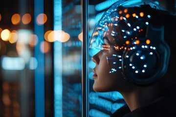 Poster - Profile of a woman with a futuristic headset reflecting blue light in a modern urban environment at night