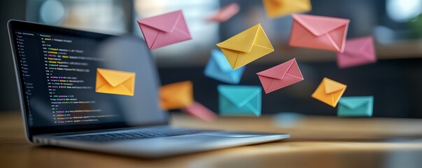 Poster - Email communication concept with a laptop, colorful envelopes, and notifications, representing the modern digital world of messaging and connectivity